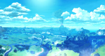 aura blue_sky bridge castle cloud dark_aura day forest mountainous_horizon nature no_humans official_art outdoors river scenery sky smoke takumi_wada the_legend_of_zelda the_legend_of_zelda:_breath_of_the_wild third-party_source very_wide_shot volcano