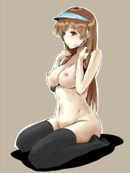 10s 1girl black_thighhighs breasts brown_eyes brown_hair cleavage female_focus groin headset idolmaster idolmaster_cinderella_girls kneeling long_hair nipples nitta_minami nude ofuro_mantarou solo thighhighs very_long_hair