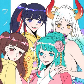 1boy 3girls ahoge aqua_hair blue_eyes blue_hair blunt_bangs breasts brown_eyes brown_hair closed_mouth commentary_request earrings eyelashes flower hair_flower hair_ornament half_updo hand_on_another&#039;s_shoulder highres horns japanese_clothes jewelry kikunojo_(one_piece) kimono kouzuki_hiyori looking_at_viewer multicolored_hair multiple_girls obi one_piece orange_eyes orange_horns pink_kimono pink_sash ponytail portgaspade red_horns sash shinobu_(one_piece) sideboob sidelocks sleeveless sleeveless_kimono smile twintails two-tone_hair v-shaped_eyebrows white_hair yamato_(one_piece) yellow_kimono