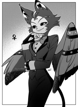 1girl :d absurdres body_fur border bow bowtie buttons cat_girl colored_sclera commentary_request feathered_wings fewer_digits film_grain furry furry_female genderswap genderswap_(mtf) grey_background greyscale grin halftone halftone_background hand_on_own_cheek hand_on_own_face hand_up hazbin_hotel heart hellaverse highres husk_(hazbin_hotel) jacket lapels looking_at_viewer menma_(enaic31) monochrome notched_lapels open_mouth outside_border pants sharp_teeth signature simple_background smile solo standing teeth traditional_bowtie twitter_username two-tone_background two-tone_fur venus_symbol watermark white_background wings