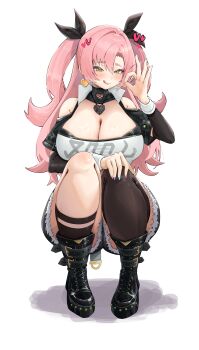 1girl :q absurdres aqua_nails asymmetrical_legwear bare_shoulders belt_boots black_boots black_ribbon black_shorts black_socks black_thighhighs blue_nails bluepaint blush boots breasts cleavage closed_mouth commentary crop_top cutoffs detached_sleeves earrings fellatio_gesture fingernails green_eyes hair_between_eyes hair_ribbon hand_on_own_knee hands_up heart heart_earrings heart_necklace highres jewelry kneehighs lace-up_boots large_breasts long_fingernails long_hair long_sleeves looking_at_viewer mole mole_under_eye motion_lines multicolored_nails nail_polish necklace nicole_demara pink_hair pink_nails red_nails ribbon saliva shirt short_shorts short_sleeves shorts simple_background smile socks solo squatting thighhighs tongue tongue_out two_side_up uneven_legwear white_background white_shirt zenless_zone_zero