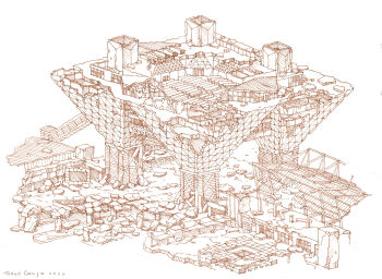 Rule 34 | abandoned, brown theme, building, commentary request, dilapidated, highres, monochrome, no humans, original, pillar, post-apocalypse, ruins, scenery, simple background, tokyo big sight, tokyogenso, white background