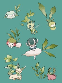 :3 :d :o aqua_background black_eyes blue_eyes blush blush_stickers bright_pupils brown_eyes calyrex celebi closed_eyes closed_mouth cottonee flower gen_2_pokemon gen_4_pokemon gen_5_pokemon gen_8_pokemon highres hoppip leafeon legendary_pokemon looking_at_viewer mythical_pokemon nintendo no_humans open_mouth petilil pink_flower plant pokemon pokemon_(creature) radish shaymin shaymin_(land) simple_background smile sumi_fms u_u white_pupils