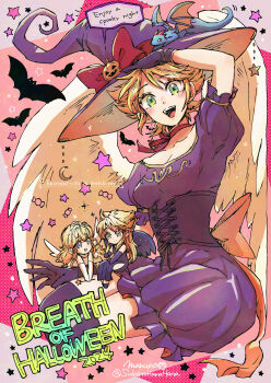 3girls :d absurdres bird_wings black_dress black_gloves black_hat black_thighhighs black_wings blonde_hair blue_eyes blush breasts breath_of_fire breath_of_fire_i breath_of_fire_ii breath_of_fire_iii chibi chibi_inset commentary copyright_name corset dragon dress gloves green_eyes halloween halloween_costume hat highres long_hair maruno medium_breasts multiple_girls nina_(breath_of_fire_i) nina_(breath_of_fire_ii) nina_(breath_of_fire_iii) open_mouth smile thighhighs twitter_username white_wings wings witch_hat