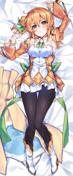 >:( 1girl alternate_eye_color arm_up armpits back_bow bare_shoulders bed_sheet black_pantyhose blush boots bow breasts buttons closed_mouth commentary_request cowlick dakimakura_(medium) detached_sleeves diamond_button double-parted_bangs dress food_print frilled_dress frills from_above frown fruit_print full_body green_bow green_ribbon hair_between_eyes hair_bow hair_bun hand_up highres hinatsuki_mikan knees_together_feet_apart long_sleeves looking_at_viewer lying machikado_mazoku magical_girl medium_breasts medium_hair narumiya_(empty_cafe) neck_ribbon on_back one_side_up orange_dress orange_eyes orange_hair orange_print pantyhose ribbon short_dress sidelocks single_side_bun sleeveless sleeveless_dress solo split_mouth sweatdrop thigh_gap thighs two-tone_dress v-shaped_eyebrows white_boots white_dress wide_sleeves
