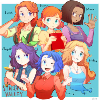 6+girls abigail_(stardew_valley) absurdres bare_arms bare_shoulders blonde_hair blue_eyes blue_hair book border braid braided_ponytail brown_hair choker cropped_torso emily_(stardew_valley) glasses green_eyes haley_(stardew_valley) highres holding holding_book holding_sword holding_weapon jewelry leah_(stardew_valley) long_hair long_sleeves maru_(stardew_valley) multiple_girls orange_hair overalls pendant penny_(stardew_valley) pink_shirt purple_eyes purple_hair shirt sho.t short_hair short_sleeves stardew_valley sword tank_top weapon white_border yellow_shirt