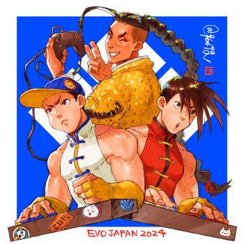 3boys :t absurdly_long_hair arcade_stick arms_up bare_shoulders baseball_cap border braid bridal_gauntlets brothers brown_eyes brown_hair chinese_clothes commentary_request controller dark-skinned_male dark_skin english_text game_controller hat holding holding_controller holding_game_controller jacket jamie_siu joystick kurononekojyo long_bangs long_hair looking_ahead looking_back male_focus mandarin_collar multiple_boys one_eye_closed open_mouth siblings single_bang single_braid sleeveless sticker street_fighter street_fighter_6 street_fighter_iii_(series) tangzhuang teeth toned toned_male twins twitter_username undercut upper_body upper_teeth_only v very_long_hair white_border yang_lee yellow_bridal_gauntlets yellow_jacket yun_lee