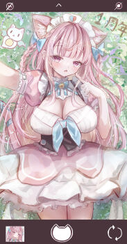 1girl absurdres ahoge animal_ears animal_print bell blue_bow blue_ribbon blush bow braid breasts camera_phone cat_ears cat_girl cat_print cat_tail cleavage dress extra_ears fang hair_bow heart heart_print highres indie_virtual_youtuber jingle_bell large_breasts long_hair looking_at_viewer maid maid_headdress neck_bell neck_ribbon ocean open_mouth pink_dress pink_eyes pink_hair pink_tail ribbon selfie short_sleeves suspenders tail tail_ornament tail_ribbon teruteruteru190 thighs two_side_up virtual_youtuber white_dress yuuki_sakuna yuuki_sakuna_(3rd_costume)