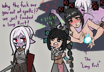 2girls armor baldur&#039;s_gate baldur&#039;s_gate_3 black_hair blush breasts centurii-chan colored_skin completely_nude dark_elf dungeons_&amp;_dragons dungeons_&amp;_dragons elf english_text gameplay_ability gameplay_mechanics grabbing_another&#039;s_hair green_eyes grey_background hair_ornament highres holding holding_another&#039;s_hair holding_shield holding_sword holding_weapon large_breasts long_braid lying multiple_girls neck_hold nude on_stomach pointy_ears prone_bone purple_skin red_eyes sex sex_from_behind shadowheart_(baldur&#039;s_gate) shield simple_background spell sword torogao weapon white_hair yuri