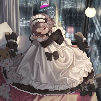 1girl apron black_dress brown_hair building closed_mouth commentary_request dress expressionless frilled_apron frilled_dress frills highres hugging_own_legs indoors long_dress long_sleeves maid maid_apron maid_headdress naruto_maki_(naruto05) night original red_eyes solo stuffed_animal stuffed_cat stuffed_rabbit stuffed_toy white_apron window