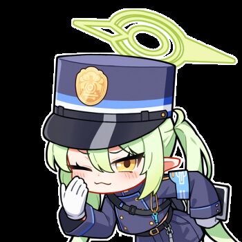 1girl :d ;3 animated animated_gif armband backpack bag belt black_bag black_belt blue_archive blue_armband blue_hat blue_jacket blue_shorts blush buttoned_cuffs buttons chibi chibi_only demon_girl double-breasted fang gloves green_hair green_halo hair_between_eyes halo hand_on_own_cheek hand_on_own_face hand_up hat holding holding_tablet_pc jacket leaning_forward long_hair long_sleeves looking_at_viewer notice_lines nozomi_(blue_archive) one_eye_closed open_mouth outline peaked_cap pointy_ears shorts sidelocks simple_background skin_fang smile solo tablet_pc tfg. transparent_background tsurime twintails upper_body v-shaped_eyebrows very_long_hair whistle white_gloves white_outline winking_(animated) yellow_eyes
