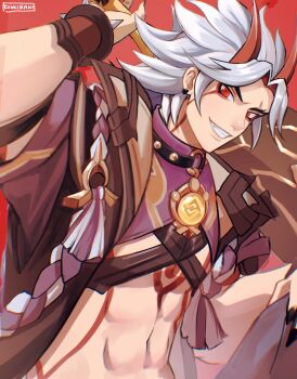 1boy abs arataki_itto artist_name black_nails body_markings bracelet collar colored_inner_hair commentary english_commentary facial_mark fingernails genshin_impact grin hand_on_own_knee highres horns jewelry kookirani looking_to_the_side male_focus midriff multicolored_hair o-ring purple_shirt red_background red_eyes red_horns sharp_fingernails shirt sideways_glance smile solo studded_collar teeth toned toned_male white_hair