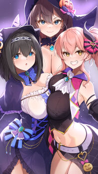 3girls :3 :o aqua_gemstone ascot asymmetrical_docking bare_shoulders belt black_hair black_horns black_shirt black_skirt blue_bow blue_eyes blush bow bowtie breast_press breasts brown-hair brown_hair capelet center_frills cleavage closed_mouth demon_horns dress fangs frilled_shirt frills gem grin hair_between_eyes hair_bow hairband halloween hat highres horns ichinose_shiki idolmaster idolmaster_cinderella_girls jougasaki_mika large_breasts long_hair looking_at_viewer mk_(mod0) multiple_girls navel open_mouth pink_bow pink_hair pink_lips pink_vest pumpkin_hat_ornament purple_background purple_bow purple_bowtie purple_capelet purple_dress purple_hat purple_hood sagisawa_fumika shirt side_ponytail skirt smile spider_web_print stomach striped_bow teeth thighs two-tone_bow underbust vest white_ascot white_belt white_hairband white_shirt yellow_eyes