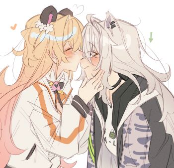 2girls absurdres animal_ears arrow_(symbol) black_choker black_jacket blonde_hair blush choker closed_eyes commentary fake_animal_ears gradient_hair grey_hair hand_on_another&#039;s_face heart highres hololive jacket kiss kissing_nose legzy lion_ears long_hair momosuzu_nene multicolored_hair multiple_girls parted_lips pink_hair shirt shishiro_botan smile symbol-only_commentary virtual_youtuber white_jacket white_shirt yuri