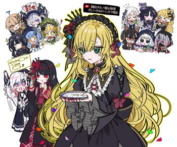 ! &gt;_&lt; 1boy 6+girls arm_up black_dress black_hair black_hat blonde_hair blue_hair chibi commentary_request confetti crossdressing crossdressing_(mtf) crossover crown dress eating everyone flower frilled_hairband frills gothic_lolita green_eyes grey_hair hair_between_eyes hair_flower hair_ornament hairband hasumi_leia hat heterochromia highres hikami_meruru holding holding_plate housho_margo jogasaki_noah juliet_sleeves kurobe_nanoka lolita_fashion lolita_hairband long_hair long_sleeves mahou_shoujo_no_majo_saiban multicolored_hair multiple_girls nail_polish natsume_an-an nijisanji nikaido_hiro one_eye_closed open_mouth pink_eyes pink_hair plate puffy_sleeves red_eyes saeki_miria sakuraba_ema sawatari_coco shito_alisa short_hair smile sparkle tachibana_sherry tono_hanna translation_request trap uzuki_kou uzuki_kou_(4th_costume) very_long_hair virtual_youtuber white_background white_hair x_hair_ornament yoe777ty
