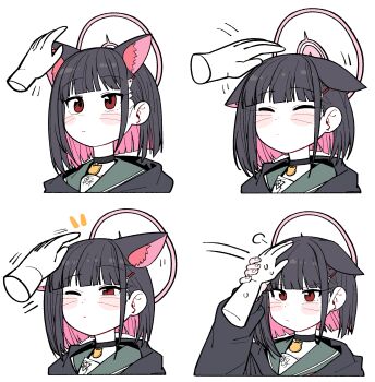1girl 1other animal_ears blue_archive cat_ears closed_eyes disembodied_hand halo headpat kazusa_(blue_archive) multicolored_hair short_hair stitched third-party_edit wujurana