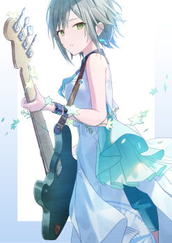 1girl :o absurdres aqua_neckerchief bass_guitar blue_shorts border bracelet breasts collared_dress commentary_request cowboy_shot dress earrings from_side gradient_border green_hair grey_hair guitar_strap highres hinomori_shiho holding holding_bass_guitar holding_instrument instrument jewelry looking_at_viewer multiple_bracelets neckerchief parted_bangs parted_lips project_sekai short_hair shorts shorts_under_dress sidelocks sideways_glance simple_background sleeveless sleeveless_dress small_breasts solo stick_to_your_faith_(project_sekai) stud_earrings timmoo white_background white_dress