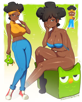 1boy 1girl absurdres animal bea_(duolingo) bikini_tan bird black_eyes black_hair black_socks blue_bra blue_pants bottomless bra breasts chair cleavage collarbone comparison dark-skinned_female dark_skin denim duo_(duolingo) duolingo finger_to_cheek gradient_background green_background hand_on_own_hip head_rest headscarf highres holding holding_animal holding_bird jeans large_breasts looking_at_viewer looking_to_the_side miniskirt multiple_views navel owl pants parted_lips raised_eyebrow red_shoes reference_inset satelyte shirt shoes short_hair sitting skirt sleeveless sleeveless_shirt smile sneakers socks sparkle sparkle_background standing strap_slip tan tanline teeth underwear yellow_headscarf yellow_shirt