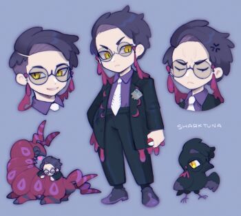 1boy anger_vein artist_name bird black_pants black_suit closed_eyes closed_mouth commentary corbeau_(pokemon) crow english_commentary formal_clothes gen_5_pokemon heart highres holding holding_poke_ball male_focus multiple_views necktie nintendo pants poke_ball pokemon pokemon_(creature) pokemon_legends:_z-a purple_hair purple_shirt round_eyewear scolipede sharktuna shirt smile suit white_necktie