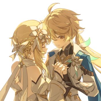 1boy 1girl aether_(as_heaven_and_earth_are_made_anew)_(genshin_impact) aether_(genshin_impact) ahoge backless_dress backless_outfit bare_shoulders blonde_hair braid brother_and_sister chinese_commentary closed_eyes closed_mouth commentary_request detached_sleeves dress earrings flower genshin_impact hair_between_eyes hair_flower hair_ornament highres holding_hands interlocked_fingers jewelry lofter_username long_sleeves looking_at_another lumine_(as_heaven_and_earth_are_made_anew)_(genshin_impact) lumine_(genshin_impact) official_alternate_costume official_alternate_hairstyle ponytail short_hair_with_long_locks siblings simple_background star_(symbol) star_earrings upper_body white_background white_dress white_flower white_sleeves yellow_eyes yiyiyiyi670