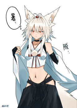 1girl absurdres animal_ears black_gloves black_hakama blush closed_mouth commentary cowboy_shot elbow_gloves frown gloves grey_hair hair_intakes hakama half-closed_eyes half_gloves hat highleg highleg_panties highres inubashiri_momiji jacket japanese_clothes kakaricho_dairi navel open_clothes open_jacket opened_by_self panties red_eyes red_hat shirt short_hair short_hair_with_long_locks sidelocks sleeveless sleeveless_shirt solo standing string_panties sweat sweatdrop tail tokin_hat touhou translated underwear undressing white_background white_jacket white_shirt wolf_ears wolf_girl wolf_tail