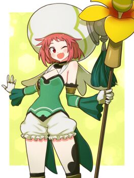 .hack// .hack//g.u. .hack//games 1girl atoli_(.hack//) bloomers choker cosplay detached_sleeves gloves green_arm_warmers hat jewelry looking_at_viewer mistral_(.hack//) one_eye_closed open_mouth rune_(ru-nn) short_hair smile solo thighhighs underwear white_bloomers
