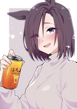 1girl air_groove_(umamusume) alternate_costume animal_ears blue_eyes brown_hair can commentary_request drink_can hair_between_eyes hair_over_one_eye highres holding holding_can horse_ears horse_girl long_sleeves looking_at_viewer segawa_rui short_hair solo umamusume