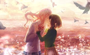 1girl 1other akiyama_mizuki androgynous bird blue_skirt bow bowtie braid brown_eyes brown_hair brown_skirt buttons cardigan closed_eyes cloud cloudy_sky collared_shirt floating_hair green_cardigan green_shirt green_sweater hashtag-only_commentary highres holding_another&#039;s_wrist jonna36564610 kamiyama_high_school_uniform_(project_sekai) kiss long_hair long_sleeves looking_at_another ocean orange_skirt outdoors pink_cardigan pink_hair plaid_clothes plaid_skirt pleated_skirt project_sekai red_bow red_bowtie school_uniform seagull shinonome_ena shirt short_hair side_ponytail sidelocks skirt sky sunset sweater tears water waves