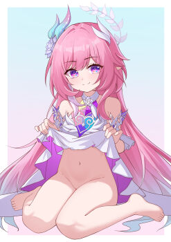 1girl absurdres aged_down barefoot blue_background border breasts cleft_of_venus clothes_lift commentary_request cyrene_(demiurge)_(honkai:_star_rail) cyrene_(honkai:_star_rail) diamond-shaped_pupils diamond_(shape) dress dress_lift feet flower foot_focus hair_flower hair_ornament highres honkai:_star_rail honkai_(series) lifting_own_clothes loli long_hair looking_at_viewer multicolored_hair navel pink_hair pointy_ears purple_eyes pussy sitting small_breasts smile solo stomach symbol-shaped_pupils two-tone_hair variant_set very_long_hair wariza white_border white_dress white_hair yaoli_(ysxbd)