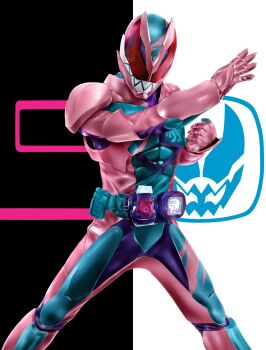 1boy absurdres armor blue_armor bodysuit compound_eyes rider_belt gloves highres kamen_rider kamen_rider_revi kamen_rider_revice kuzurx logo male_focus pink_armor purple_bodysuit red_eyes revice_driver rex_genome rider_belt sharp_teeth solo teeth tokusatsu vistamp