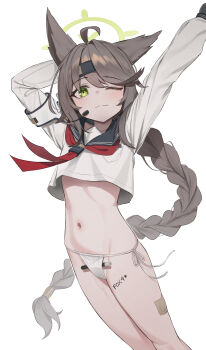 1girl absurdres ahoge blue_archive braid braided_ponytail brown_hair di_le_to fundoshi green_eyes green_halo halo headset highres japanese_clothes long_hair looking_at_viewer navel neckerchief one_eye_closed otogi_(blue_archive) ponytail red_neckerchief school_uniform serafuku shirt simple_background stomach white_background white_shirt