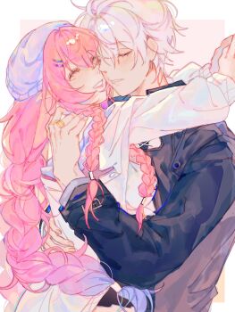 arms_around_neck black_jacket blue_hair braid closed_eyes cyrene_(demiurge)_(honkai:_star_rail) cyrene_(demiurge)_(keeping_promise)_(honkai:_star_rail) cyrene_(honkai:_star_rail) gradient_hair hair_ornament hairclip highres honkai:_star_rail honkai_(series) hug ifphuyen jacket jewelry multicolored_hair official_alternate_costume phainon_(honkai:_star_rail) pink_hair pointy_ears ring white_hair