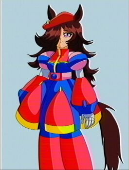 Rule 34 | 1990s (style), 1girl, absurdres, android, animal ears, beret, blue background, breasts, brown hair, cosplay, dress, faux retro artstyle, flipped hair, gloves, hair between eyes, hair over one eye, hat, highres, horse ears, horse girl, horse tail, iris (mega man), iris (mega man) (cosplay), joints, long hair, lueduar, mega man (series), mega man x4, mega man x (series), multicolored dress, purple eyes, red hat, retro artstyle, rice shower (umamusume), robot girl, robot joints, simple background, smile, solo, standing, tail, umamusume, vhs artifacts, white gloves