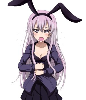 Rule 34 | 1girl, adapted costume, angry, animal ear hairband, animal ears, anime coloring, black leotard, black skirt, blush, breasts, cleavage, collarbone, collared shirt, commentary request, commission, covering stomach, fake animal ears, frown, girls und panzer, girls und panzer little army, grey shirt, hairband, highres, key (gaigaigai123), kuromorimine military uniform, leotard, leotard under clothes, long hair, long sleeves, miniskirt, open clothes, open mouth, open shirt, pink eyes, pink hair, pleated skirt, rabbit ear hairband, rabbit ears, sheska (girls und panzer), shirt, simple background, skirt, strapless, strapless leotard, unbuttoned, white background