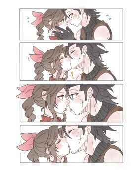 ! 1boy 1girl 7_(milu577610) aerith_gainsborough bare_shoulders black_gloves black_hair blue_eyes blush braid braided_ponytail choker commentary couple crisis_core:_final_fantasy_vii cross_scar earrings english_commentary eye_contact facial_scar final_fantasy final_fantasy_vii final_fantasy_vii_rebirth final_fantasy_vii_remake flying_sweatdrops french_kiss from_side gloves green_eyes hair_ribbon hetero highres jacket jewelry kiss long_hair looking_at_another parted_bangs pink_ribbon ponytail profile red_jacket ribbed_sweater ribbon scar scar_on_cheek scar_on_face sequential sidelocks sleeveless sleeveless_turtleneck spiked_hair stud_earrings suspenders sweatdrop sweater tongue tongue_out turtleneck turtleneck_sweater upper_body zack_fair