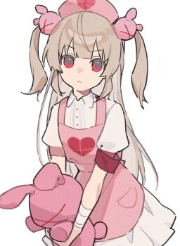 1girl apron armband blonde_hair closed_mouth cowboy_shot dot_nose dress hair_ornament hat heart heart_print highres holding holding_stuffed_toy long_hair looking_at_viewer natori_sana natori_sana_(nurse) nurse_cap parted_bangs pink_apron puffy_short_sleeves puffy_sleeves rabbit_hair_ornament red_eyes sana_channel short_sleeves solo stuffed_animal stuffed_rabbit stuffed_toy twintails two_side_up virtual_youtuber white_background white_dress wing_collar zumi_tiri