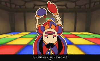 1girl 3d_background abandinthesand asymmetrical_gloves black_eyes black_hair blue_gloves blue_hat blue_shirt blush_stickers buttons clown collared_shirt commentary dance_floor ena:_dream_bbq ena_(series) english_commentary english_text frown gloves hat indoors jester_cap leaning_back long_hair looking_at_viewer mismatched_gloves open_mouth outline parody pomni_(the_amazing_digital_circus) puffy_short_sleeves puffy_sleeves red_gloves red_hat red_shirt shirt short_sleeves solid_circle_eyes solo split-color_clothes the_amazing_digital_circus twitter_username two-tone_hat two-tone_shirt vertical-striped_hakama vertical-striped_sleeves white_outline