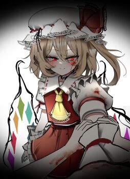 Rule 34 | 1girl, absurdres, ascot, black choker, blonde hair, blood, blood on clothes, blood on face, blood on hands, choker, commentary, crystal, crystal wings, english commentary, evil smile, flandre scarlet, glowing, glowing eyes, half-closed eyes, hat, hat ribbon, highres, mob cap, multicolored wings, one side up, ougiikun, pov, red eyes, red skirt, red vest, ribbon, scrunchie, short hair, side ponytail, simple background, skirt, skirt set, smile, strangling, touhou, vest, white background, white hat, wings, wrist scrunchie, yellow ascot