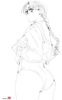 Rule 34 | ass, braid, character name, closed mouth, commentary request, cowboy shot, from side, glasses, greyscale, highres, hoshina tomoko, long hair, long sleeves, mike156, monochrome, one-piece swimsuit, sailor collar, school swimsuit, school uniform, serafuku, serasuku, shirt, signature, simple background, single braid, sketch, solo, swimsuit, swimsuit under clothes, to heart, to heart (series), white background