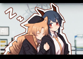 Rule 34 | 2girls, :t, animal ears, arknights, arm up, black hair, black hat, blonde hair, blush, cat ears, ch'en (arknights), chinese commentary, commentary request, dragon horns, graymoonlx, hand on another's arm, hat, highres, horns, leaning on person, long sleeves, multiple girls, necktie, orange necktie, red eyes, sleeping, sleeping on person, small sweatdrop, swire (arknights), upper body, yuri, zzz