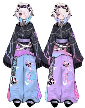 1boy absurdres ahoge androgynous animal_ears black_hairband black_shirt black_shoes blue_pants closed_mouth cloud_(lufaeris) colored_inner_hair commentary cross cross_necklace english_commentary full_body grey_hair hair_over_one_eye hairband highres jewelry long_bangs long_sleeves looking_at_viewer male_focus medium_hair mole mole_under_eye multicolored_hair multiple_views necklace one_eye_covered original pants purple_pants shirt shoes simple_background streaked_hair white_background