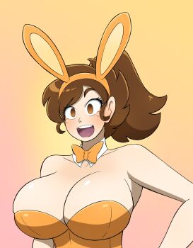 absurdres bow bowtie breasts brown_eyes brown_hair cleavage detached_collar genderswap genderswap_(mtf) high_ponytail highres kobi-tfs kobi_(mtf) large_breasts leotard non-web_source orange_bow orange_bowtie orange_leotard original playboy_bunny ponytail smile