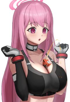 Rule 34 | 1girl, :o, absurdres, asymmetrical gloves, bare shoulders, between breasts, black collar, black gloves, black sports bra, blue archive, blush, breasts, cleavage, collar, collarbone, commentary request, drink carton, drinking straw, eimi (battlesuit) (blue archive), eimi (blue archive), elbow gloves, flambe (tyoitohikkosi07), gloves, hair between eyes, halo, hands up, highres, juice box, large breasts, long hair, looking down, official alternate costume, open mouth, pink eyes, pink hair, pink halo, sidelocks, simple background, single elbow glove, solo, spill, sports bra, standing, upper body, white background
