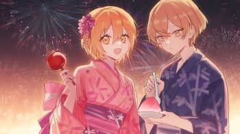 Rule 34 | 1boy, 1girl, alternate costume, back bow, belt, black sky, blonde hair, blue kimono, bow, breasts, candy apple, closed mouth, don quixote (project moon), fireworks, floral print, flower, food, gradient sky, grey belt, hair between eyes, hair flower, hair ornament, hand up, hands up, highres, holding, holding plate, holding skewer, holding spoon, japanese clothes, kimono, limbus company, long sleeves, looking at viewer, medium breasts, night, open mouth, outdoors, pink flower, pink kimono, plate, project moon, purple belt, purple bow, purple flower, shamoji, shaved ice, short hair, sinclair (project moon), skewer, sky, smile, spoon, upper body, wide sleeves, yama 0511, yellow eyes, yellow sky