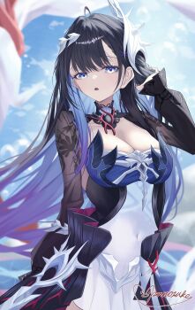 1girl absurdres black_dress black_hair black_shrug blue_eyes blue_hair breasts bubble cleavage colored_inner_hair commentary_request covered_navel cowboy_shot dress gradient_hair hair_ornament hand_up highres honkai:_star_rail honkai_(series) hysilens_(honkai:_star_rail) large_breasts long_hair long_sleeves multicolored_hair parted_lips partial_commentary pennosuke purple_hair see-through_body shrug_(clothing) signature skirt solo underwater very_long_hair white_skirt