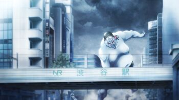 Rule 34 | 1boy, 1girl, 1other, black hair, black jacket, blue skin, blurry, blurry foreground, building, chaos;child, city, colored skin, d-sword, fat, fat man, game cg, giant, grey sky, hekiho academy school uniform, highres, jacket, kazuki hana, miyashiro takuru, monster, navel, non-web source, official art, open mouth, purple eyes, sasaki mutsumi, school uniform, science adventure, shibuya (tokyo), sky, standing, sumo, sumo sticker (chaos;child), tokyo (city), wide-eyed