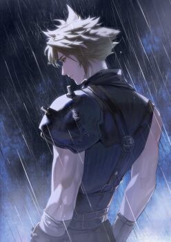 1boy armor belt black_belt black_pants blonde_hair closed_mouth cloud_strife cowboy_shot final_fantasy final_fantasy_vii gloves hashtag-only_commentary highres jianjiananan looking_down male_focus multiple_belts pants parted_bangs pauldrons rain short_hair shoulder_armor single_pauldron sleeveless sleeveless_turtleneck solo spiked_hair suspenders turtleneck wet