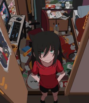 1girl bedroom black_hair black_shorts breasts chair chips_(food) close-up coffee_mug collared_shirt commentary computer_keyboard computer_mouse controller cup curtains english_commentary fang figure food from_above full_body game_controller green_eyes hair_between_eyes headphones highres inconspicuous_sex_toy indoors kuroki_tomoko kurokimoko long_hair looking_at_viewer messy_hair messy_room mojyo monitor monster_energy mug office_chair open_door piss_bottle pocky poster_(object) potato_chips pringles red_shirt shirt short_sleeves shorts skin_fang small_breasts solo swivel_chair table toblerone toilet_paper watashi_ga_motenai_no_wa_dou_kangaetemo_omaera_ga_warui! window