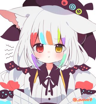 Rule 34 | 1girl, absurdres, animal ear fluff, animal ears, beret, blush, collared shirt, commentary request, furrowed brow, hat, heterochromia, highres, jogasaki noah, kemonomimi mode, long hair, looking at viewer, mahou shoujo no majo saiban, multi-tied hair, multicolored hair, neck ribbon, pout, red eyes, ribbon, shirasuame shiromaru, shirt, solo, streaked hair, twitter username, white hair, white shirt, yellow eyes