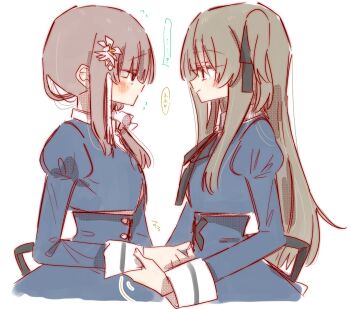 ... 2girls assault_lily black_hair black_ribbon black_skirt blush brown_hair closed_mouth cropped_jacket eye_contact flower flying_sweatdrops from_side hair_flower hair_ornament hair_over_shoulder hair_ribbon hair_scrunchie hand_up heart high-waist_skirt highres holding_another's_wrist juliet_sleeves kuo_shenlin light_smile long_hair long_sleeves looking_at_another motion_lines multiple_girls neck_ribbon one_side_up profile puffy_sleeves ribbon rui_rui_rui0122 school_uniform scrunchie sidelocks simple_background skirt speech_bubble spoken_ellipsis spoken_heart tassel tassel_hair_ornament translated upper_body wang_yujia white_background white_flower white_scrunchie yuri yurigaoka_girls_academy_school_uniform